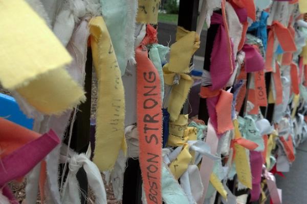 Memorial at the finish line of the Boston Marathon after the bombing, RobinJP / 