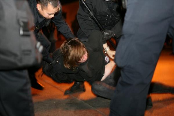 Occupy Oakland protester is arrested 1/28/12. Image via Getty Images. 