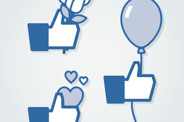 Rendering of Facebook 'like' symbols with flowers and love. Illustration courtes