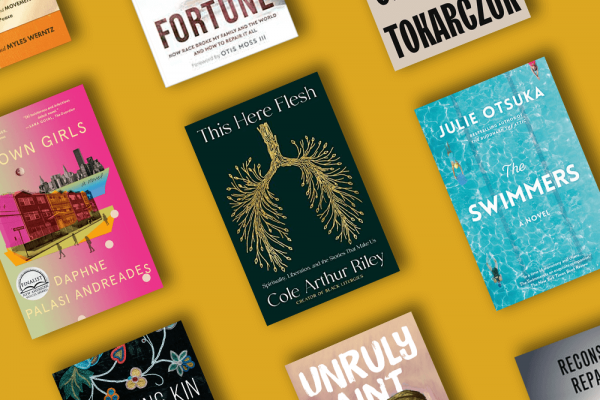 Book covers are arranged in a tiled pattern against a mustard background.
