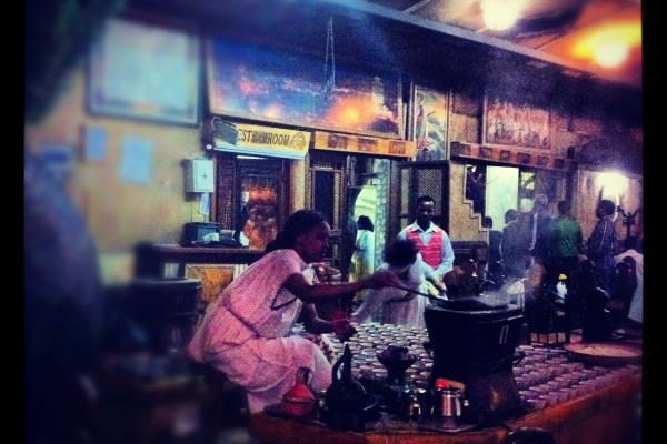 Coffee ceremony at a restaurant in Addis Ababa, Ethiopia. 