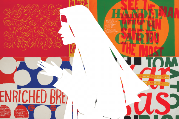 A collage of Corita Kent's artwork with an silhouette depiction of her in her nun's habit.