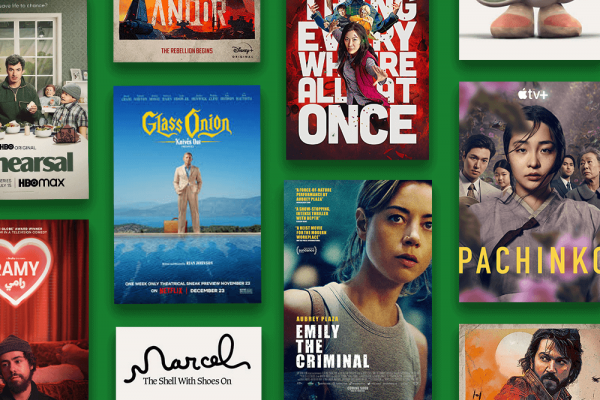 Images of TV and movie posters are tiled against a green background.