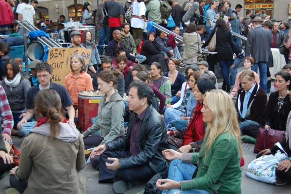 Group meditation in Zuccotti Park, October 2011.  Photo by Cathleen Falsani.