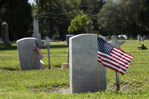 Flags placed at gravestones on Memorial Day, Sheila Fitzgerald /Shutterstock.com