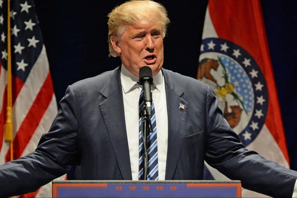 Donald Trump addresses supporters at the Peabody Opera House in Downtown St. Louis in March