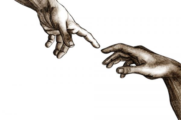 Sketch of God and Adam's hands, aleisha / Shutterstock.com