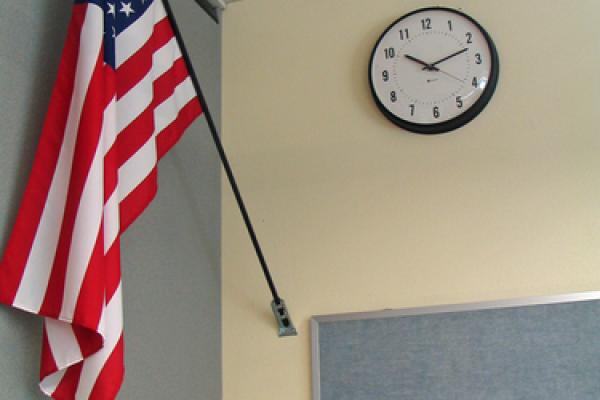 American flag in a school. Photo via RNS/shutterstock.com