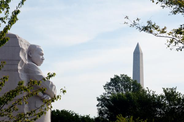 A memorial to Dr. Martin Luther King, Jr gazes towards the Washington Monument i