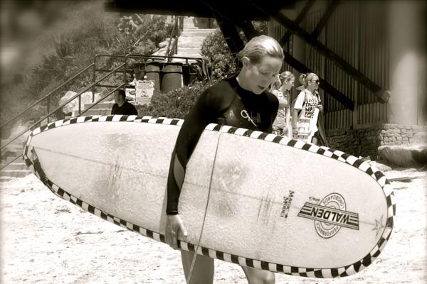 Sarah Vanderveen heads in from surfing in her hometown.
