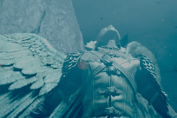 A human-like figure with angel wings rears it's head toward the sky.