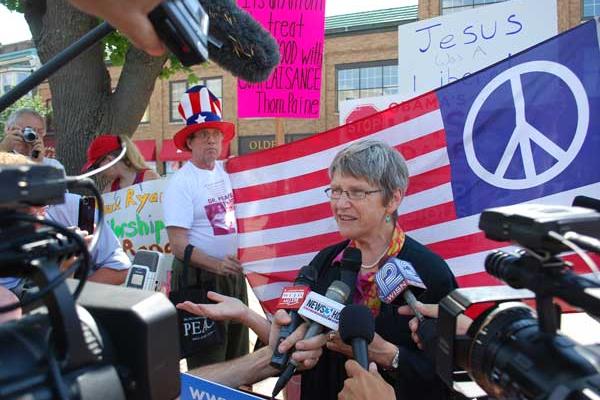 Sr. Simone Campbell talks to the press after meeting with a representative of Re