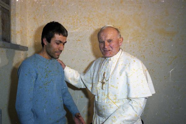 A scan of a negative of Pope John Paul II meeting his would-be assassin, Mehmet 