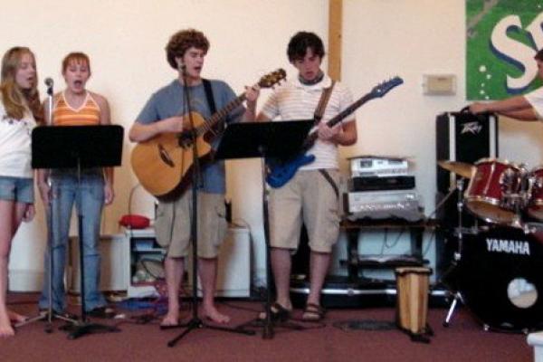 Tim King with his youth group's worship band. Photo courtesy Tim King