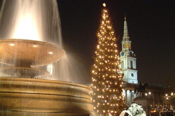 Christmas lights in London's Trafalgar Square, St. Martin's in the Field behind.
