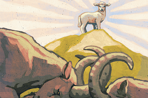 illustration of shining lamb standing on hilltop as rams butt horns below