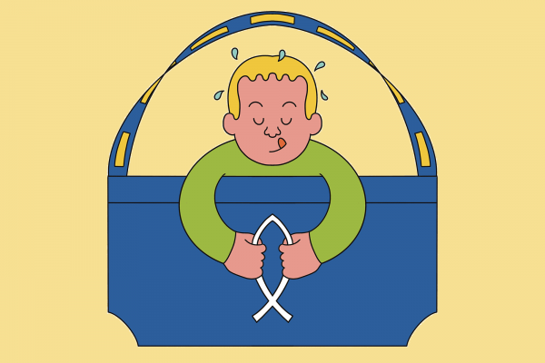 Illustration of blond child leaning his body through an Ikea bag to grip an Ichthys
