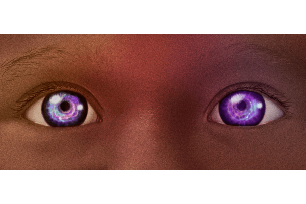 Illustration of two piercing blue-purple child-like eyes