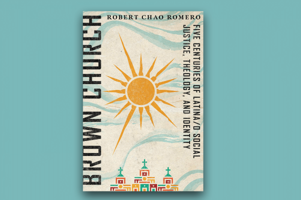 The cover of the book "Brown Church" by Robert Chao Romero has a yellow sun in the center, and illustrated church buildings at the bottom.