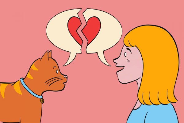 The cartoon shows an orange cat and a blonde girl facing each other, sharing a speech bubble with a heart in it. But the speech bubble is torn, to signify that they can't communicate with traditional language. 