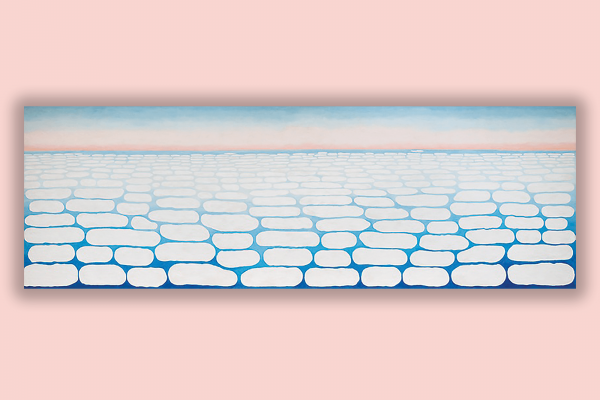 Georgia O'Keeffe's painting 'Sky Above Clouds' has geometrical white clouds in lines below a light blue and pink sky.