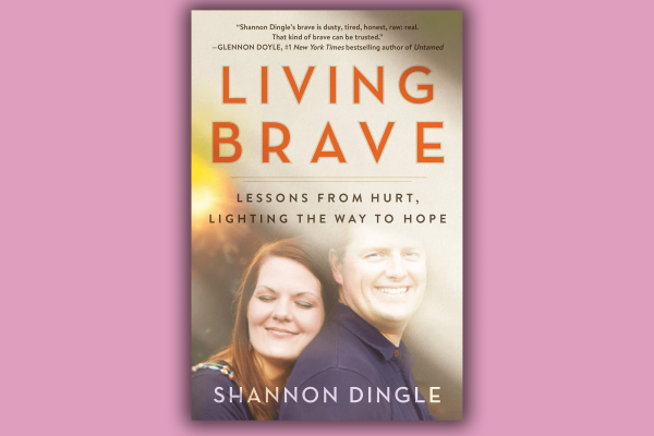 The cover of 'Living Brave' has a photo of Shannon Dingle and her husband hugging and smiling.