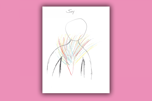 Colorful scribbles bursting out of a drawn heart within a human frame.
