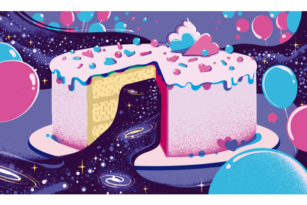 Illustration of a pink and blue cake with a slice removed to reveal galaxies and stars