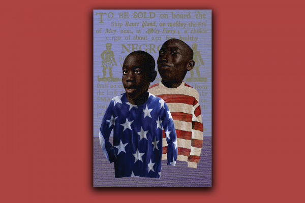 Illustration of two Black boys wearing stars and stripes in front of a slave sale newspaper ad