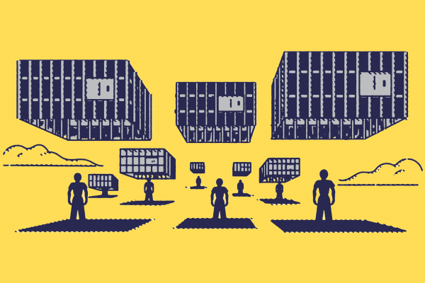 Illustration of cages floating in the air casting shadows on human figures