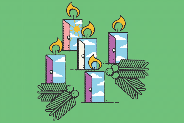 Illustration of an advent wreath where the candles are doors that are ajar and open to the sky