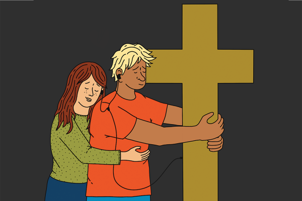 A teenage girl holds her boyfriend around the waist from behind, while the boyfriend hugs a golden cross from the front.