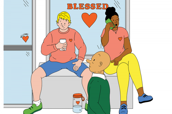 Two people illustrated in a cartoon style are dressed in workout clothes and sit on a bench under a glass window; between the two of them is the word "Blessed" with a red heart below it. A third passer-by stares at these two people.