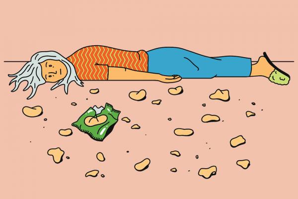 A cartoon illustration of a woman with orange skin and gray hair lying prone on the floor with a blank expression. She's wearing an orange shirt, blue pants, and green slippers. Chips and a crinkled green bag are spread out in front of her.