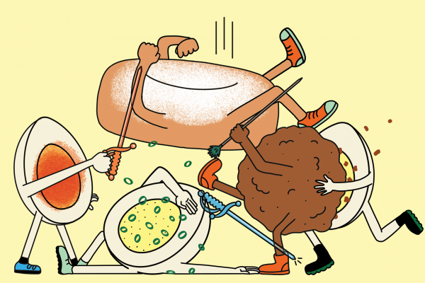 The illustrations shows a bunch of foods fighting, three deviled eggs, one meatball, and a biscuit