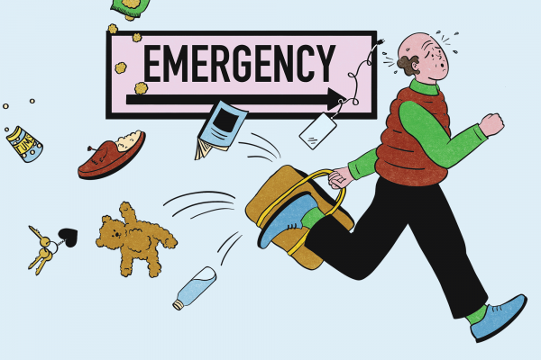 The illustration shows a man running towards the emergency room with miscellaneous items flying out of his bag. 
