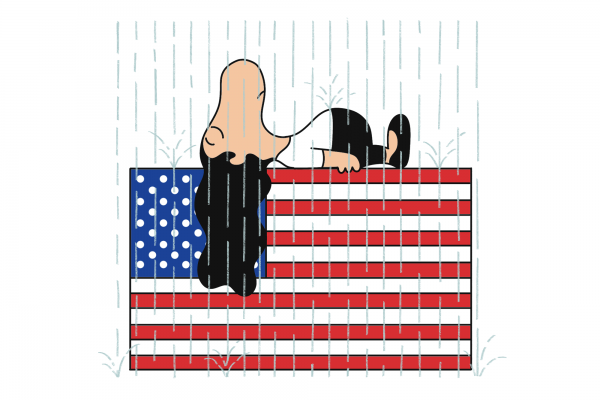 A cartoon woman, stylized to look like Snoopy from Peanuts, is lying on top of an American flag, with rain falling. Her eyes are closed. 