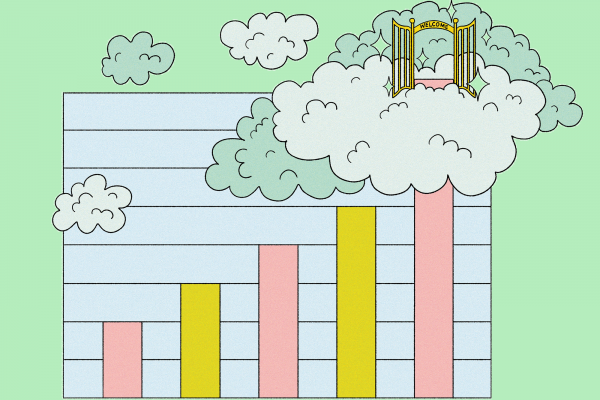 Illustration of a bar graph with the gates of heaven sitting above the tallest bar