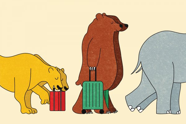 Illustration of pairs of animals carrying suitcases