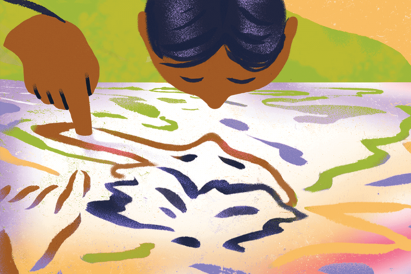 An illustration of a person finger-painting their own reflection