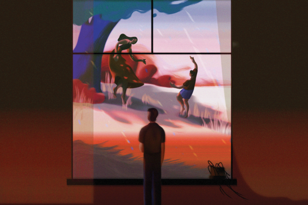 The illustration shows a man looking out a big window at a woman and a child dancing under a tree in the grass. 