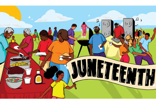 Illustration of Black people at a cookout with a Juneteenth banner