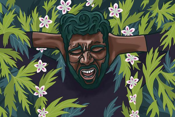 A black man with a dark green beard and curly hair is wearing a dark gray sweater and lifting his hands to plug his ears as he yells. His head fits within an abstract arch of light pink flowers. He's surrounded by light green leaves in the background.