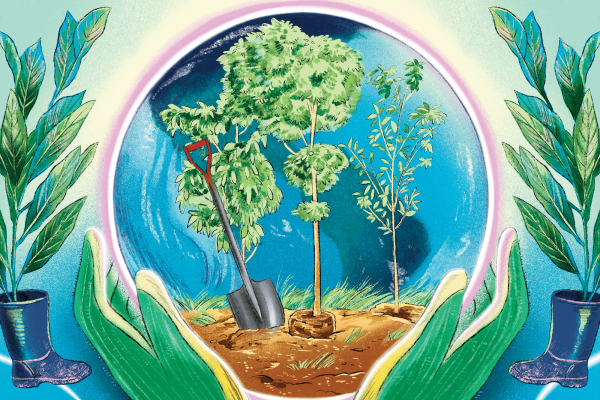 An illustration of hands with gardening gloves holding a globe with a picture of soil and gardening tools in it.