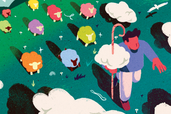 An illustration of a shepherd leading a flock of rainbow-colored sheep.