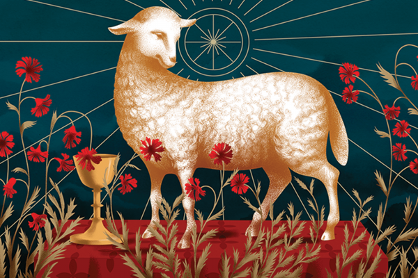 A lamb is surrounded by red poppies and a golden chalice.
