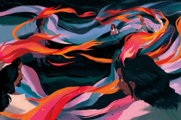 Illustration of abstract fire moving among a group of women.
