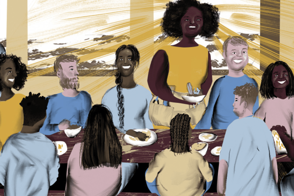 An illustration of Wisdom, depicted as a Black woman, hosting a party and bringing food to a full table.