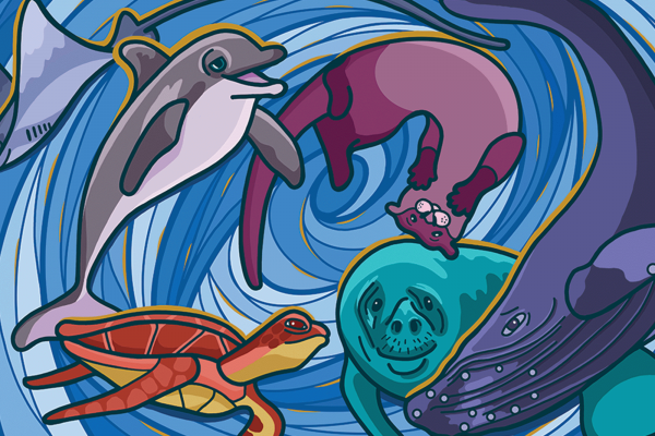 The image shows a bunch of sea creatures happy, swirling in water 