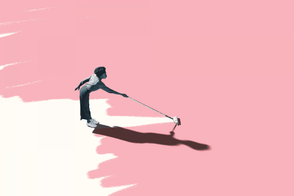 Illustration of a Black woman using a paint roller to paint her pink background white